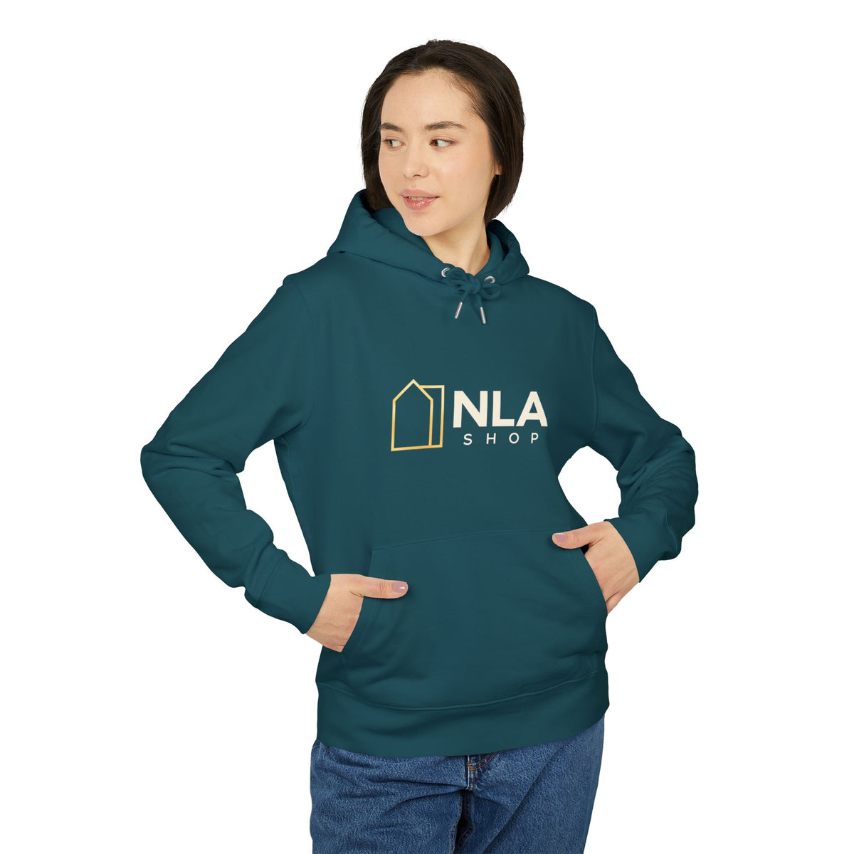 NLA Shop · Hoodie Petrol – L · Logo & QR