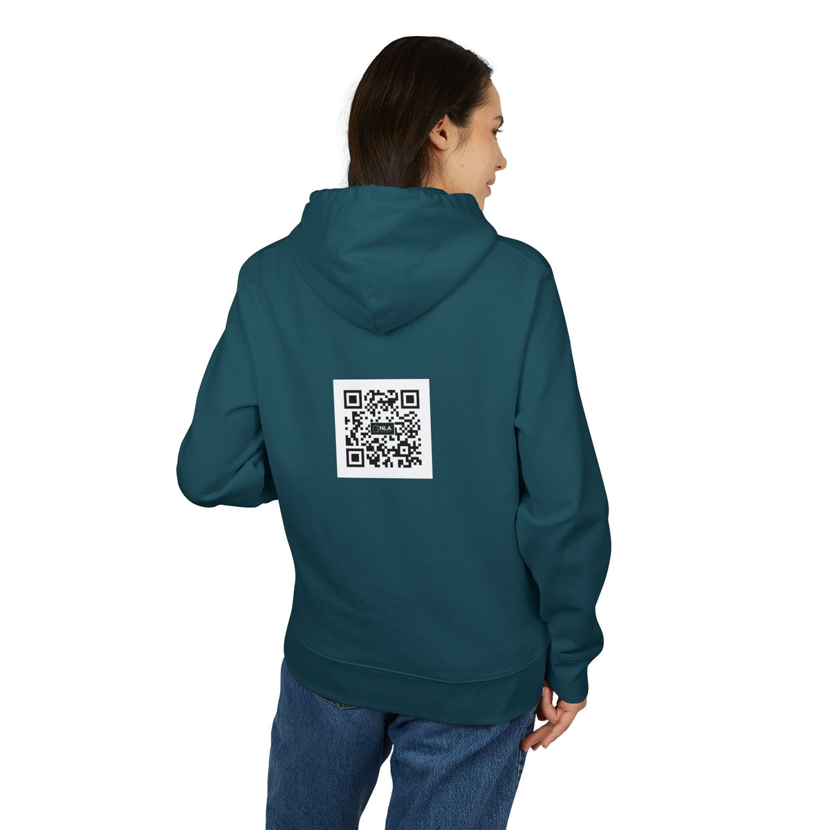 NLA Shop · Hoodie Petrol – L · Logo & QR